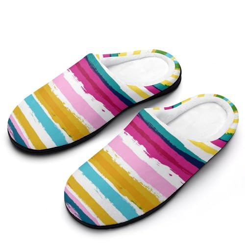 MQPYWLH Regenbogenstreifen Hausschuhe Damen Warme Kunstwolle Memory Foam Slippers Rutschfeste Pantoffeln von MQPYWLH
