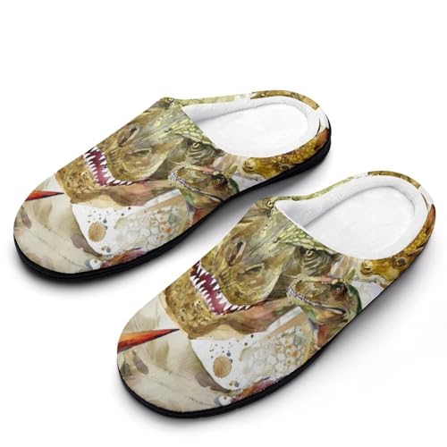 MQPYWLH Retro-Dinosaurier Hausschuhe Damen Warme Kunstwolle Memory Foam Slippers Rutschfeste Pantoffeln von MQPYWLH