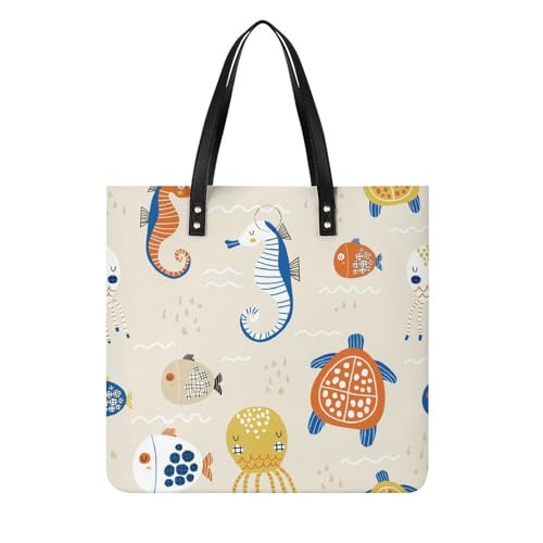 MQPYWLH Schildkröte Seepferdchen Fisch Damen Shopper Handtasche Umhängetasche Schultertasche Für Büro Schule Einkauf 39x39cm von MQPYWLH