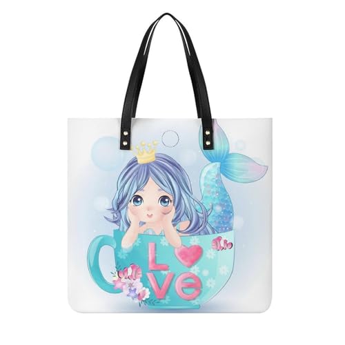 MQPYWLH Tasse Meerjungfrau Mädchen Damen Shopper Handtasche Umhängetasche Schultertasche Für Büro Schule Einkauf 39x39cm von MQPYWLH