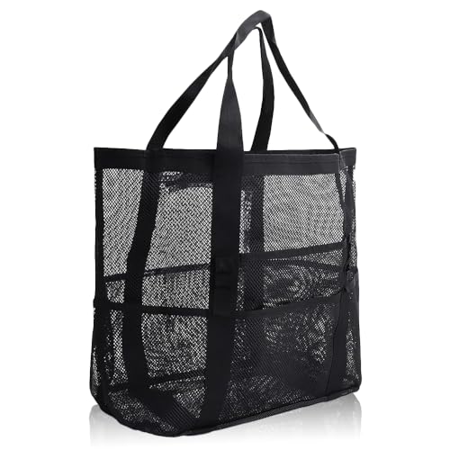 MQWDGJ Mesh Strandtasche XXL Familie, Mesh Beach Bag Einkaufstaschen, Strandtasche mit Reißverschluss Shopper Damen Groß Badetasche für Strand Reise Picknick Schwarz von MQWDGJ