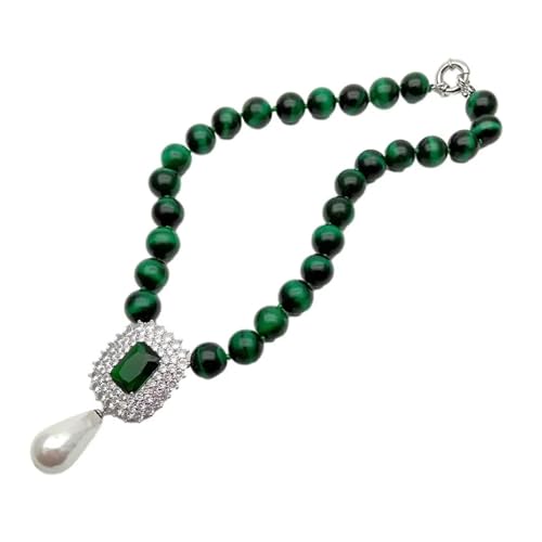 MQXFCZUX 14 mm Green Tiger Eye Necklace Cubic Zirkonia Pave 16 x 26 mm White Shell Pearl Pendant For Women Necklace von MQXFCZUX