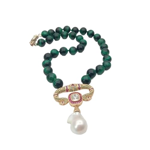 MQXFCZUX 18 Zoll 12 mm grüner Tigeraugen-Halsreif weiß Keshi Pearl Pave Gold plated Anhänger Halskette für Damen von MQXFCZUX