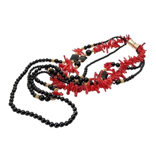 MQXFCZUX 18 Zoll 3 Rows Red Coral Chips Round Rechteck Black Statement Necklace von MQXFCZUX