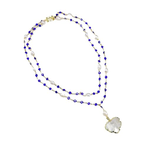 MQXFCZUX 2 Rows Cultured White Rice Pearl Blue Crystal Rosary Chain Necklace Gold Plated Quartzs Blatt Anhänger für Frauen von MQXFCZUX