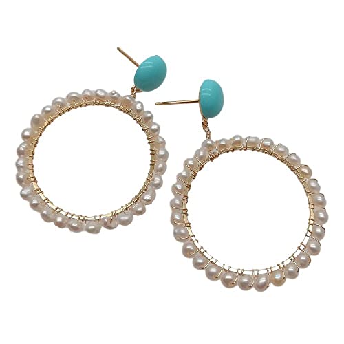 MQXFCZUX 3-4mm White Freshwater Pearl Circle Blue Coin Stud Earrings Office Style for Women von MQXFCZUX