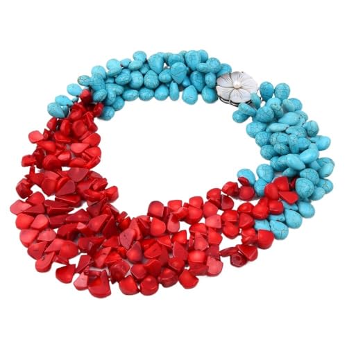 MQXFCZUX 3 Rows Red Coral Blue Teardrop Stone Necklace For Women von MQXFCZUX