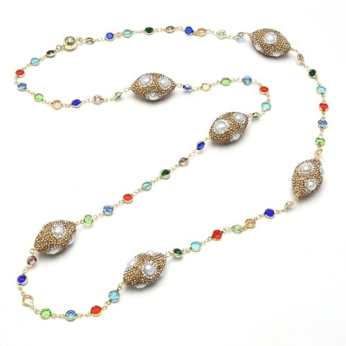 MQXFCZUX 39" White Pearl Crystal Paved Beads Station Long Necklace Gold Plated Colorful Chain For Women von MQXFCZUX