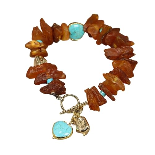 MQXFCZUX Amber Rough Blue Heart Gold Edge Beads Charms Armband 8'' For Women Simple Jewelry Gift von MQXFCZUX