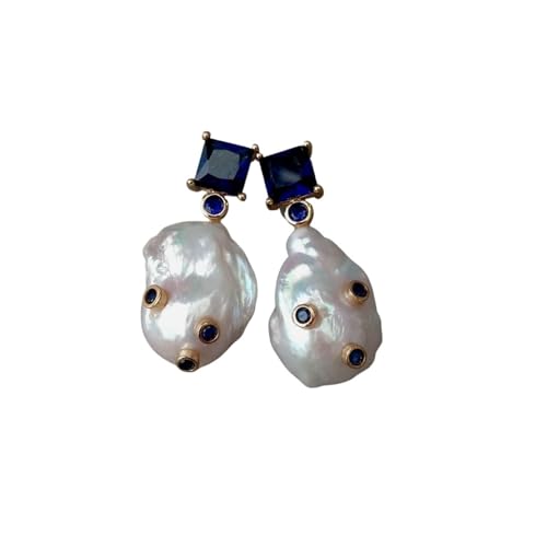 MQXFCZUX Cultured White BNucleated Flameball Baroque Pearl Blue Cubic Zirconia Pave Square Stud Earrings von MQXFCZUX