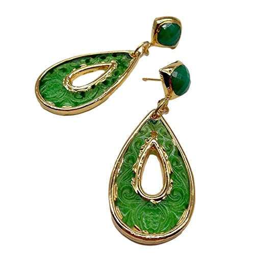 MQXFCZUX Ethnic Style Carved Flower Green Jade Teardrop Shape Electroplated Edge Stud Earrings von MQXFCZUX