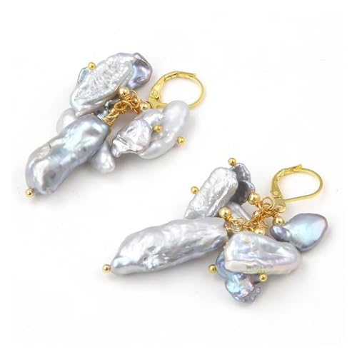 MQXFCZUX Gray Keshi Biwa Pearl Earrings For Women 925 Silver Gold Plated Hook Leverback von MQXFCZUX