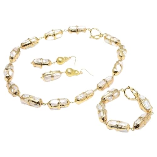 MQXFCZUX White Biwa Pearl Electroplated Edge Gold Plated Brushed Bead Wrap Necklace Bracelet Earrings Sets for Women, Einheitsgröße, Achat von MQXFCZUX