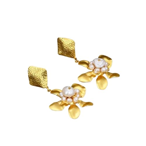 MQXFCZUX White Keshi Pearl Flower Yellow Gold Plated Stud Dangle Stud Earrings von MQXFCZUX