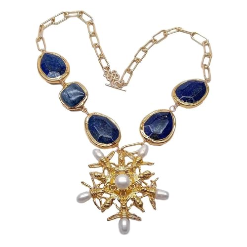 MQXFCZUX White Pearl Animal Charm Anhänger 21" für Damen Blue Lapis Kyanite Gold Color Plated Edge Chain Necklace von MQXFCZUX