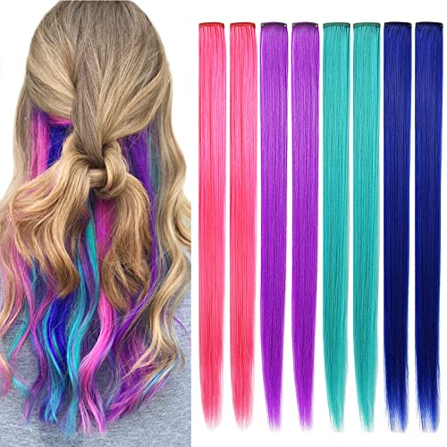 MQY COLOR 8PCS 21''Farbige Haarschmuck Perückenteile Clip in Farbige Haarverlängerungen für Mädchen Highlights Synthetische lange gerade bunte Haarteile für Damen (blau türkis lila rosa) von MQY COLOR