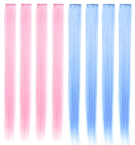 MQY COLOR 8 PCS 21'' Bunte Haarschmuck Perückenteile Clip in Farbige Haarverlängerungen für Mädchen Party Highlights Synthetische Bunte Haarteile für Mädchen Damen (hellblau hellrosa) von MQY COLOR