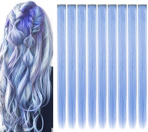 MQY COLOR 9PCS 21''Farbige Haarschmuck Perückenteile Clip in Farbige Haarverlängerungen für Mädchen Highlights Synthetische lange gerade bunte Haarteile für Kinder Frauen(Dunst blau) von MQY COLOR