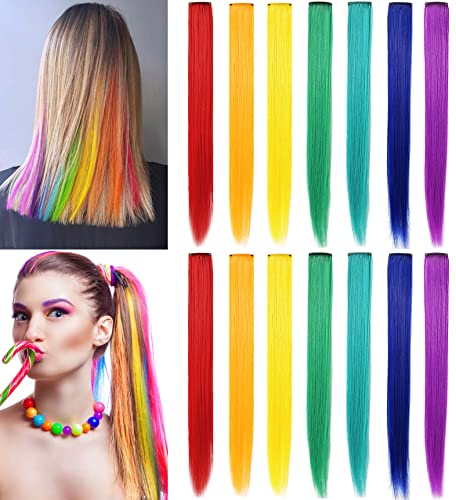 MQY COLOR Farben Haarverlängerungen Clip in,Multi-Colors Haarteile Farbige Party Highlights DIY Haarschmuck Extensions 21 Zoll langes Haar für Mädchen Frauen 14 Stück (Regenbogen) von MQY COLOR