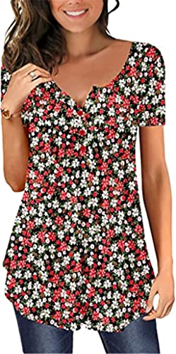 Damen Bluse Knopf V-Ausschnitt Blumendruck Top Kurzarm Plus Size Loses Shirt Mode Basic Tunika Tops T-Shirt Hipster Hemd Oberteil (Rot/5XL) von MQYXGS