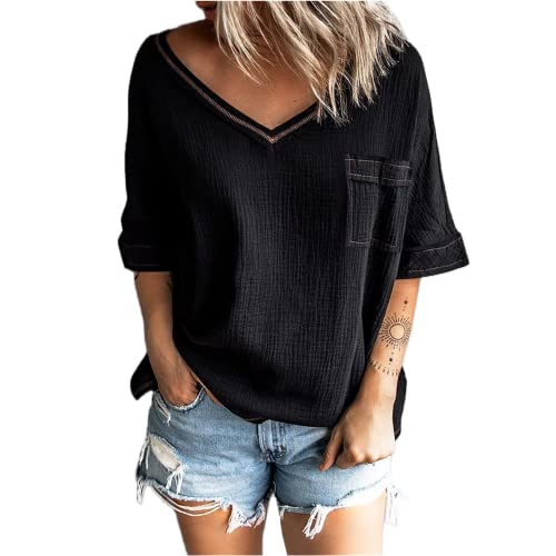 Damen Hemden mit V-Ausschnitt halblangen Ärmeln lockere Bluse einfarbige Oberteile Elegante Blusen mit kurzen Ärmeln Tunika Oberteile Sommer Casual T-Shirts lässige Schlichte Oberteile mit Taschen von MQYXGS