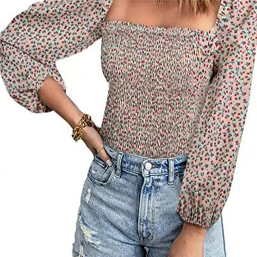 Damen Oberteil mit Blumendruck eckiger Ausschnitt Sweatshirts für Damen Langarm Oberteile Laternen Langarm lockere Pullover Bluse lässige Tunika Basic T-Shirts Hemden Herbst Sweatshirts von MQYXGS