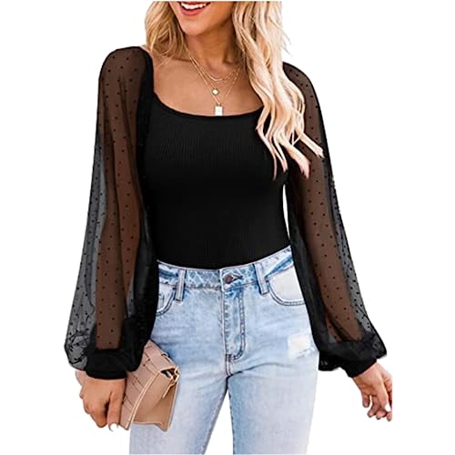 Damen Oberteile durchsichtig Lange Ärmel Blusen T-Shirt durchsichtig Slim Fit T-Shirt Tunika Patchwork Mesh einfarbige Oberteile lässige langärmlige Oberteile Laternen Langarm Top mit Einsätzen S-XXL von MQYXGS