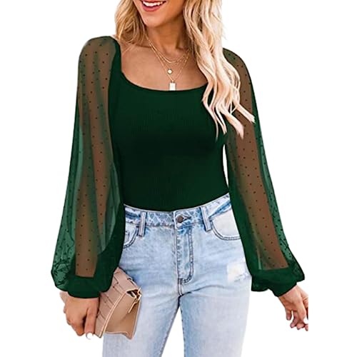 Damen Oberteile durchsichtig Lange Ärmel Blusen T-Shirt durchsichtig Slim Fit T-Shirt Tunika Patchwork Mesh einfarbige Oberteile lässige langärmlige Oberteile Laternen Langarm Top mit Einsätzen S-XXL von MQYXGS