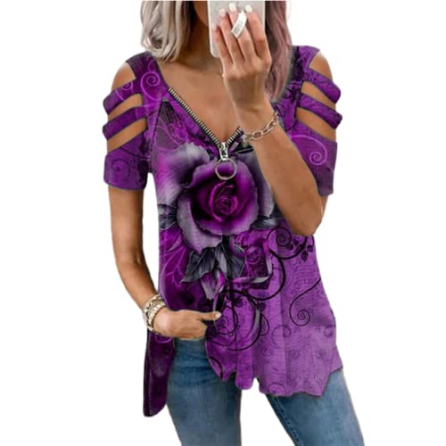 Damen Schulterfreie Blusenoberteile kurzärmelige T-Shirts mit Lockerem Reißverschluss und V-Ausschnitt lässige Rosendruck Tunika ausgehöhlte Schulter Hemd Bluse Ausverkauf Schulterfreies Oberteil von MQYXGS