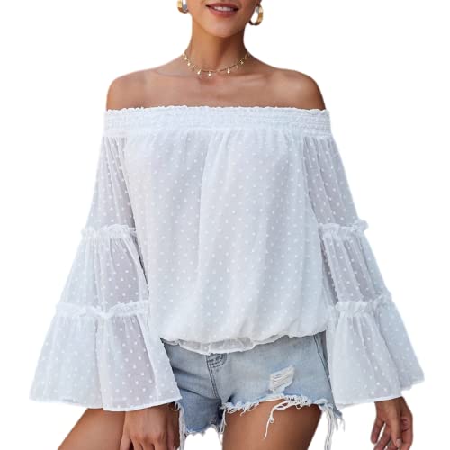 Damen Schulterfreie Oberteile mit Glockenärmeln und Schweizer Punkten ausgestellte lässige lockere Bluse einfarbig Schulterfreies langärmliges Hemd Rüschen Chiffon T-Shirt Hemd (A-weißer/3XL) von MQYXGS