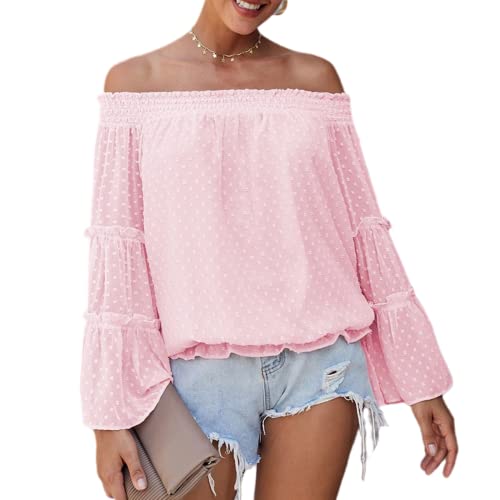 Damen Schulterfreie Oberteile mit Glockenärmeln und Schweizer Punkten ausgestellte lässige lockere Bluse einfarbig Schulterfreies langärmliges Hemd Rüschen Chiffon T-Shirt Hemd (B-Rosa/XL) von MQYXGS