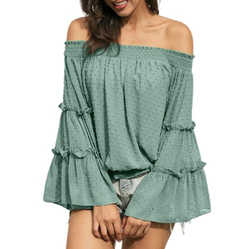 Damen Schulterfreie Oberteile mit Glockenärmeln und Schweizer Punkten ausgestellte lässige lockere Bluse einfarbig Schulterfreies langärmliges Hemd Rüschen Chiffon T-Shirt Hemd (D-Grün/XL) von MQYXGS