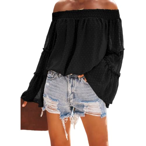 Damen Schulterfreie Oberteile mit Glockenärmeln und Schweizer Punkten ausgestellte lässige lockere Bluse einfarbig Schulterfreies langärmliges Hemd Rüschen Chiffon T-Shirt Hemd (E-Schwarz/L) von MQYXGS