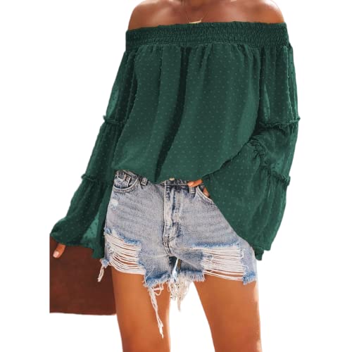 Damen Schulterfreie Oberteile mit Glockenärmeln und Schweizer Punkten ausgestellte lässige lockere Bluse einfarbig Schulterfreies langärmliges Hemd Rüschen Chiffon T-Shirt Hemd (H-Grün 1/XL) von MQYXGS