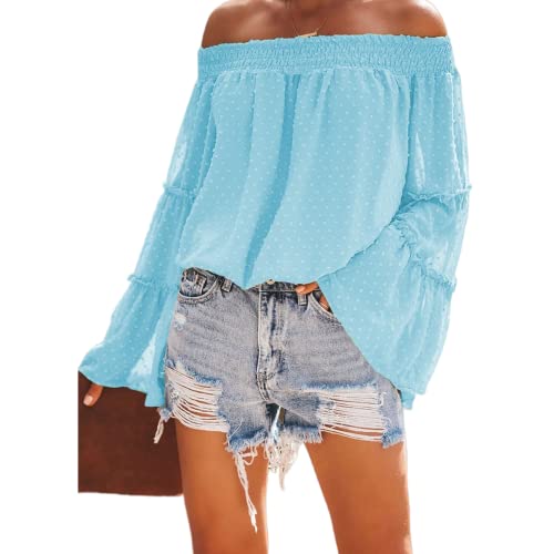 Damen Schulterfreie Oberteile mit Glockenärmeln und Schweizer Punkten ausgestellte lässige lockere Bluse einfarbig Schulterfreies langärmliges Hemd Rüschen Chiffon T-Shirt Hemd (I-Blau 1/S) von MQYXGS
