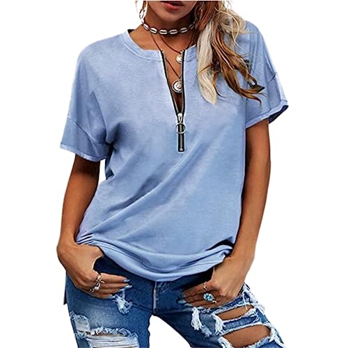 Damen Sommer Kurzarm T-Shirts mit Reißverschluss Freizeithemden lockere Passform Oberteile Hemd kurzärmelige Oberteile V-Ausschnitt Reißverschluss T-Shirts lockeres lässiges T-Shirt Oberteil S-XXL von MQYXGS