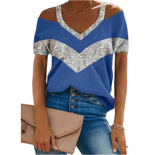 Damen Sommer V-Ausschnitt Pailletten Tops Glitzer Party Shirt Kurzarm Sparkle Blusen T-Shirt Cold Shoulder Tops V-Ausschnitt Casual Short T-Shirt Sommer Kurzarm Tunika Top Bluse T-Shirts S-5XL von MQYXGS