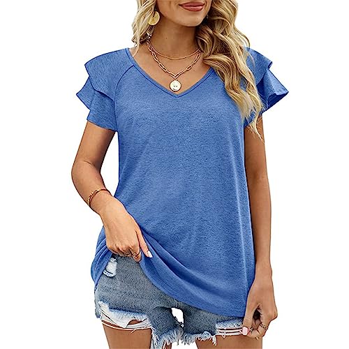 Damen T-Shirts Bluse V-Ausschnitt Rüschenärmel Sommer Oberteile Flatterärmel Basic T-Shirt Casual Elegante Bluse mit V-Ausschnitt doppellagige Rüschen kurzärmelige Oberteile Hemd Tunika S-XXL von MQYXGS