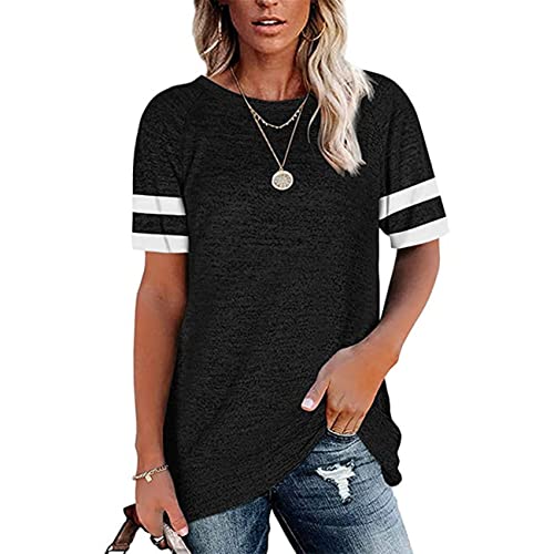 Damen T-Shirts mit gestreift bedruckten Kurze Ärmel gestreifte Kurzarm T-Shirts Rundhalsausschnitt Tunika lässige Oberteile lockere Passform T-Shirts gestreiftes Hemd Streifen Kurze Ärmel Tunika von MQYXGS