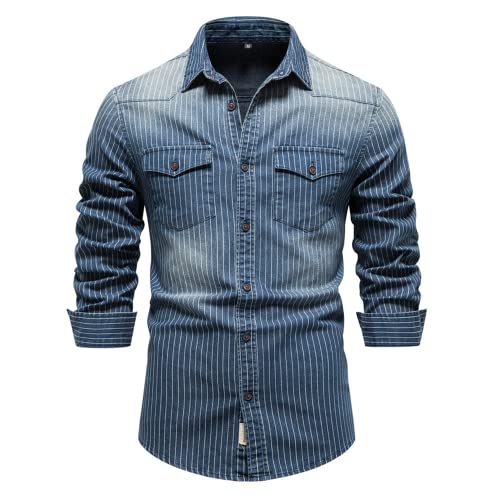 Herren Jeanshemden langärmelig gestreift Freizeithemd verwaschenes Distressed Button Down Hemd Vintage Hemden Stretch Oberteile Vintage Slim Fit Streifen Denimhemden Button Down Hemd Retro Jeanshemd von MQYXGS