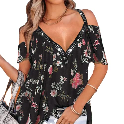 Lässige T-Shirts für Damen bedruckt V-Ausschnitt Spaghettiträger kurzärmelig schulterfrei Bluse Tanktops Hemd Oberteile in Übergröße locker sitzende Bluse lässige Basic Oberteile Sommeroberteile S-5XL von MQYXGS