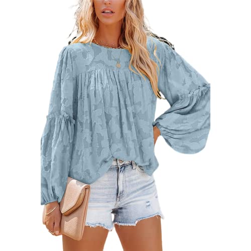 MQYXGS Damen Blusen mit Laternenärmeln lässige Tunika Oberteile Rundhalsausschnitt Babydoll Hemden 3/4-Bluse mit Glöckchenärmeln Spitzenoberteile floral Spitzenbluse Laternen Langarm Tunika Hemd von MQYXGS