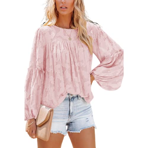 MQYXGS Damen Blusen mit Laternenärmeln lässige Tunika Oberteile Rundhalsausschnitt Babydoll Hemden 3/4-Bluse mit Glöckchenärmeln Spitzenoberteile floral Spitzenbluse Laternen Langarm Tunika Hemd von MQYXGS