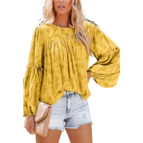 MQYXGS Damen Blusen mit Laternenärmeln lässige Tunika Oberteile Rundhalsausschnitt Babydoll Hemden 3/4-Bluse mit Glöckchenärmeln Spitzenoberteile floral Spitzenbluse Laternen Langarm Tunika Hemd von MQYXGS