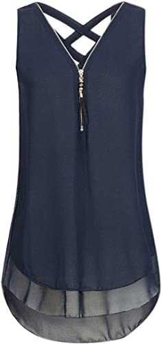 MQYXGS Damen Reißverschluss V-Ausschnitt Top ärmelloses Chiffon-Shirt Große Größe lose Weste Hemd Basic Solid Color Tank Top Tunika Tops T-Shirt Oberteil Bluse(Blau/3XL) von MQYXGS