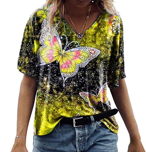 MQYXGS Damenbluse Schmetterlingsdruck Top V-Ausschnitt Kurzarm Shirt Plus Size Loose T-Shirt Bequeme Casual Tunika Tops Hemd Oberteil(Gelb/XL) von MQYXGS