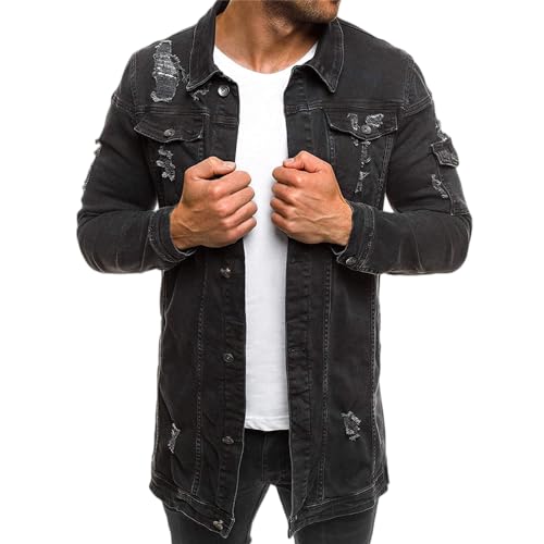 MQYXGS Herren lässige Jeansjacke mit zerrissenen Löchern und Knopfleiste Jeansmantel lässige leichte Herrenjacke lässige Jeanshemden langärmliges Hemd Baumwolle Gewaschene Jeansjacke Arbeitshemd von MQYXGS