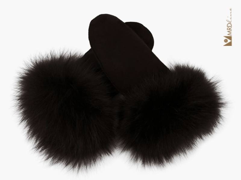 Handgefertigte Schwarze Fausthandschuhe Aus Schaffell Mit Fuchspelz. Unisex. Weich Warm Und Atmungsaktiv von MRDline