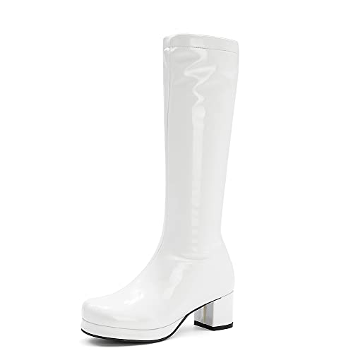 MRKEWUNEY DaHerren Go Go Stiefel Runde Zehen Plateau Heel Knee Hohe Stiefel Chunky Mid Heel Mid Calf Stiefel Side Zip Party Dance Schuhe White Size 44 von MRKEWUNEY