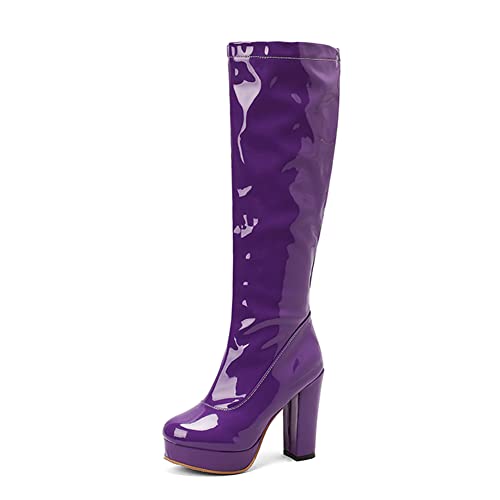 MRKEWUNEY DaHerren Go Go Stiefel Runde Zehen Plateau Heels Knee Hohe Stiefel Chunky Mid Heel Mid Calf Stiefel Side Zip Party Dance Schuhe Purple Size 38 von MRKEWUNEY